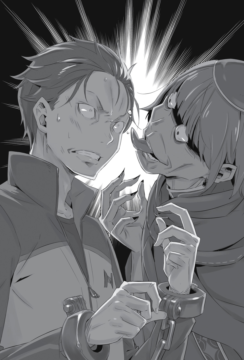 2boys bruise chains clenched_teeth collarbone cuffs fingernails from_side greyscale handcuffs head_tilt highres injury jacket long_sleeves male_focus monochrome multiple_boys nail_polish natsuki_subaru non-web_source novel_illustration official_art ootsuka_shin'ichirou petelgeuse_romaneeconti re:zero_kara_hajimeru_isekai_seikatsu sharp_fingernails shiny_skin short_hair sweatdrop teeth tongue tongue_out track_jacket zipper