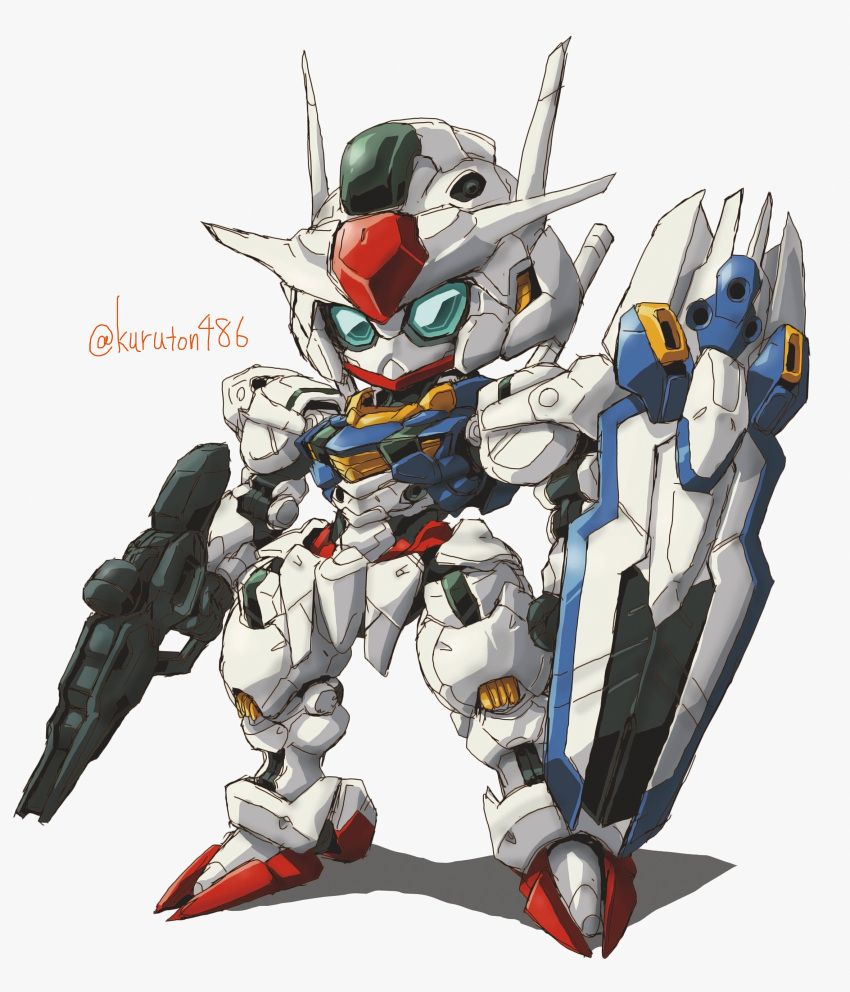 absurdres aqua_eyes beam_rifle chibi energy_gun grey_background gun gundam gundam_aerial gundam_suisei_no_majo highres holding holding_gun holding_shield holding_weapon kuruton486 mecha mobile_suit no_humans robot science_fiction shadow shield solo v-fin weapon