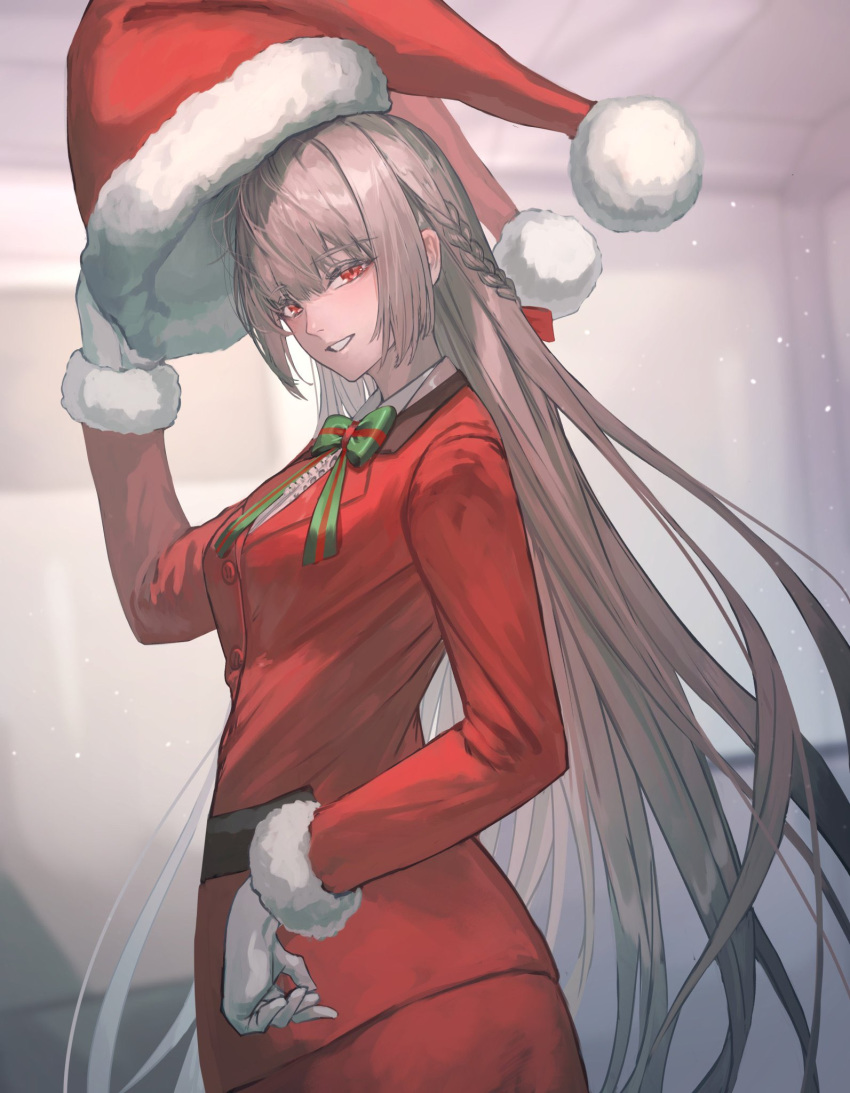 bow dress fate/grand_order fate_(series) female florence_nightingale_(fate) florence_nightingale_(santa)_(fate) gloves hat highres long_hair makitoshi0316 pink_hair red_dress red_eyes removing_hat santa_hat smile solo white_gloves