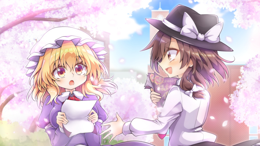 2girls black_headwear blonde_hair blouse bow brick_wall brown_eyes brown_hair cherry_blossoms commentary_request flyer hat hat_bow highres keyaki_chimaki maribel_hearn mob_cap multiple_girls open_mouth outdoors shirt touhou tree upper_body usami_renko white_headwear white_shirt yellow_eyes