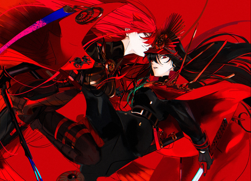 2girls belt black_hair cape ddlcclia fate/grand_order fate_(series) gloves hat highres katana long_hair multiple_girls oda_nobunaga_(fate) oda_nobunaga_(koha-ace) oda_nobunaga_(maou_avenger)_(fate) red_background red_eyes red_hair sheath sword weapon