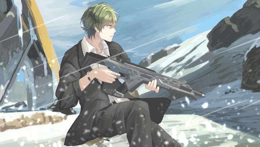 1boy apex_legends assault_rifle belt black_belt black_pants collared_shirt from_side green_hair gun holding holding_gun holding_weapon ice jewelry male_focus necklace original pants r-301_carbine rifle sena_(illust_sena) shirt sitting snowing solo sono_(gamer) weapon white_shirt world's_edge