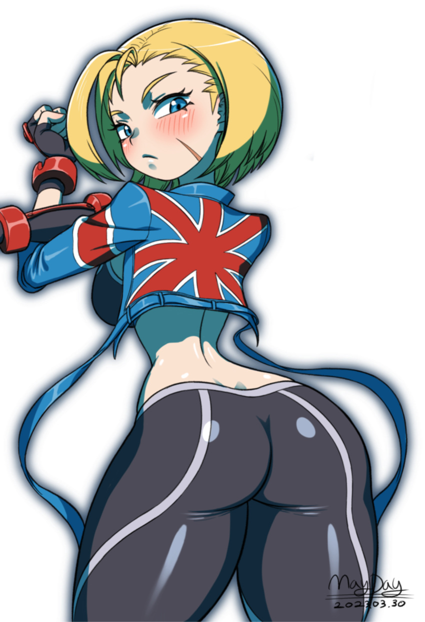 absurdres ass bad_id bad_pixiv_id black_gloves black_pants blonde_hair blue_eyes blue_jacket blush cammy_white closed_mouth cowboy_shot crop_top female from_behind gloves highres jacket maydaykiki midriff pants scar scar_on_cheek scar_on_face short_hair simple_background solo standing street_fighter street_fighter_6 thick_thighs thighs union_jack white_background wide_hips