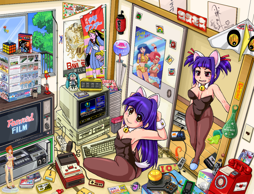 1980s_(style) 2girls animal_ears annotated annoyed antique_phone aoshima_bunka_kyouzai ass autumn_leaves bavi_stock bell bigfoot_(combat_armor) bikkuriman black_leotard black_pantyhose blue_hair board_game bromry_eyevan_dt-2 brown_legwear cameo cat_ears chaos_angels clock collar commentary_request computer computer_keyboard controller corded_phone cosmo_hoshimaru cutter_lightan desert_gunner detached_collar dirty_pair door dougram drinking_bird energy_gun extra_ears famicom famicom_disk_system fanroad figure flag flip_clock floppy_disk from_above fusuma game_&_watch game_cartridge game_console game_controller gyroscope hachune_miku hair_intakes hair_ribbon hand_fan hatsune_miku hudson_shooting_watch jingle_bell kei_(dirty_pair) kittysuit lantern leaf leotard light_switch long_hair looking_at_viewer looking_back lum lyrical_nanoha magazine_(object) mahou_shoujo_lyrical_nanoha_strikers maple_leaf model monitor multiple_girls nanashi's_elder_sister_(bunny) nanashi_(bunny) nanashi_mushi nec_pc-8801 neck_bell nendoroid nontraditional_playboy_bunny open_door original otaku ougon_senshi_gold_lightan pantyhose paper_fan payphone pennant phone poster_(object) power_strip programming_(topic) railing ray_gun red_eyes retro_artstyle revision ribbon robodacchi room rotary_phone rubik's_cube shikishi_(object) shogi side_ponytail sidelocks sitting sky sliding_doors slippers smile sony spring_onion sticker sweatdrop swimsuit tail taiyou_no_kiba_dougram takamachi_nanoha tatami television ten_(urusei_yatsura) tengu tondera_house_no_daibouken toy translated tree uchiwa urusei_yatsura videocassette videocassette_recorder vocaloid walk-in weapon white_collar wide_hips window yamabushi_tengu yellow_eyes yuri_(dirty_pair) zunou_senkan_galg