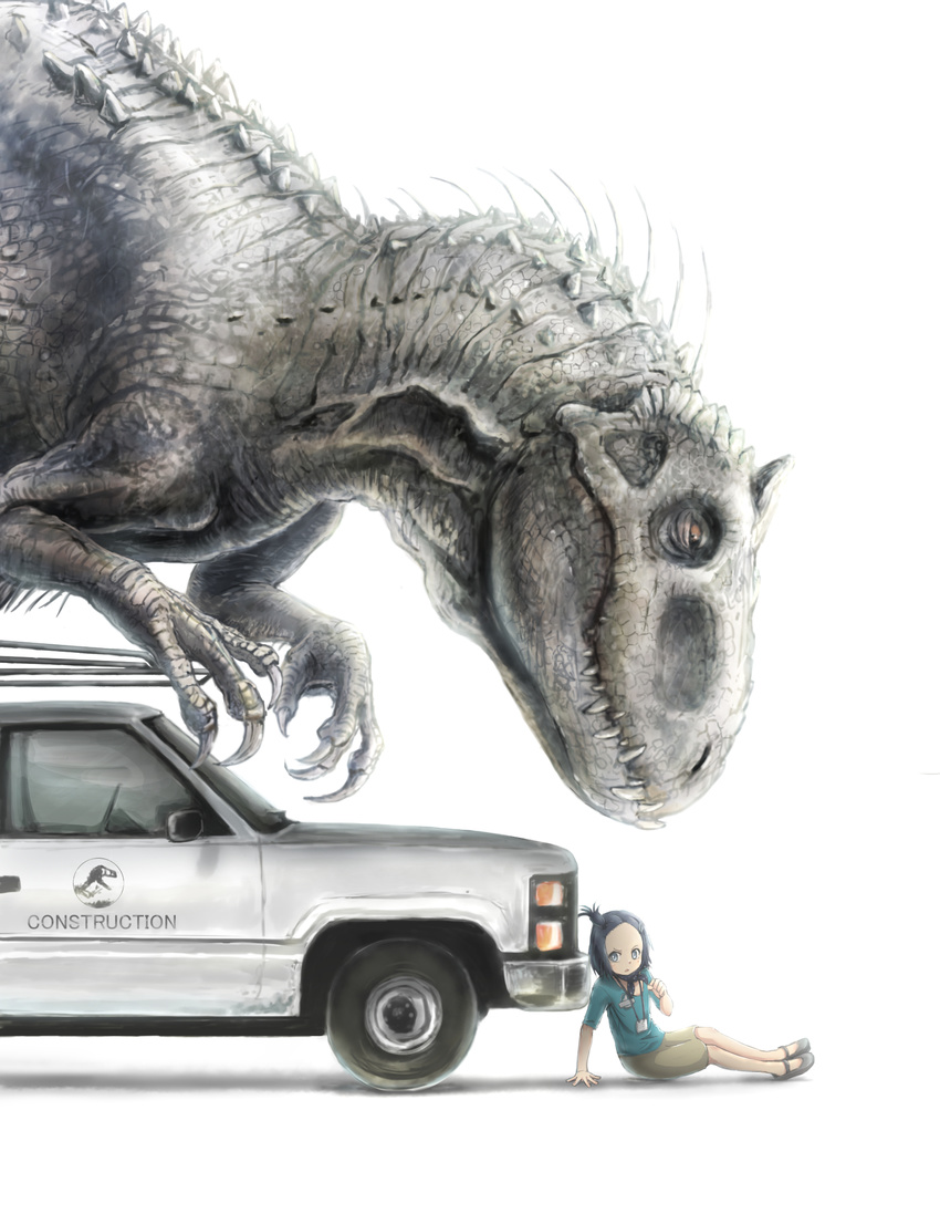 anachronism aqua_shirt ari_hinoko arm_support black_hair chevrolet claws commentary_request death_flag deko_(kamemaru) dinosaur fangs female highres id_card indominus_rex jurassic_park jurassic_world looking_at_viewer looking_to_the_side mary_janes motor_vehicle one_side_up original pickup_truck shirt shoes short_hair shorts simple_background sitting truck tyrannosaurus white_background