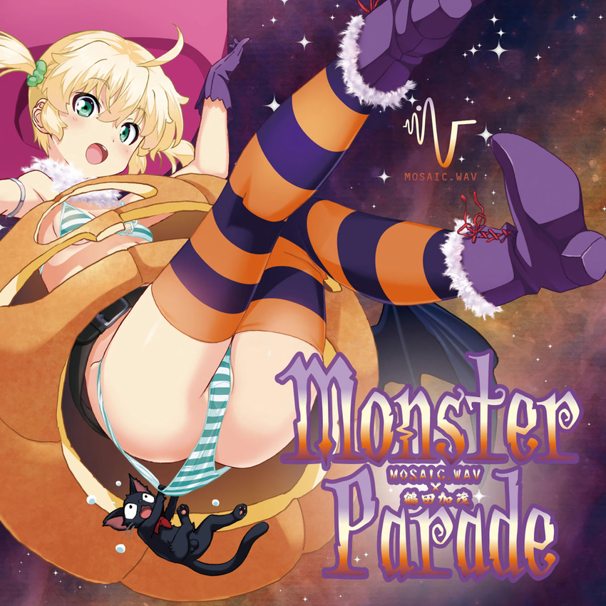 album_cover belt beltskirt bikini bikini_pull blonde_hair boots cover feline gloves green_eyes highres jack-o'-lantern kuuchuu_yousai mosaic.wav open_mouth pig_tail round_teeth solo striped striped_bikini striped_legwear swimsuit tail teeth thighhighs