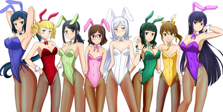 6+girls aila_jyrkiainen animal_ears armpits bare_shoulders black_hair blonde_hair blue_eyes blue_hair blue_leotard bow bowtie breasts brown_eyes brown_hair collarbone commentary_request detached_collar drill_hair fake_animal_ears glasses green_eyes green_hair green_leotard grey_hair gundam gundam_build_fighters highres iori_rinko kenken kousaka_china leotard long_hair mature_female mihoshi_(gundam_bf) misaki_(gundam_bf) multiple_girls necktie ootake_akemi pantyhose pink_leotard playboy_bunny purple_eyes purple_hair purple_leotard rabbit_ears rabbit_tail red-framed_eyewear red_leotard samejima_yukari short_hair side-tie_leotard simple_background strapless strapless_leotard tail twin_drills twintails very_long_hair white_leotard wrist_cuffs yajima_caroline yellow_leotard