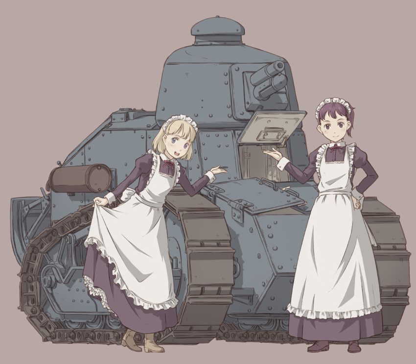 2girls apron blonde_hair blue_eyes brown_hair commentary_request dress ft-17 juliet_sleeves koitsu_tera_auau long_dress long_sleeves looking_at_viewer maid maid_apron maid_headdress military military_vehicle motor_vehicle multiple_girls original ponytail puffy_sleeves short_hair simple_background skirt_hold tank