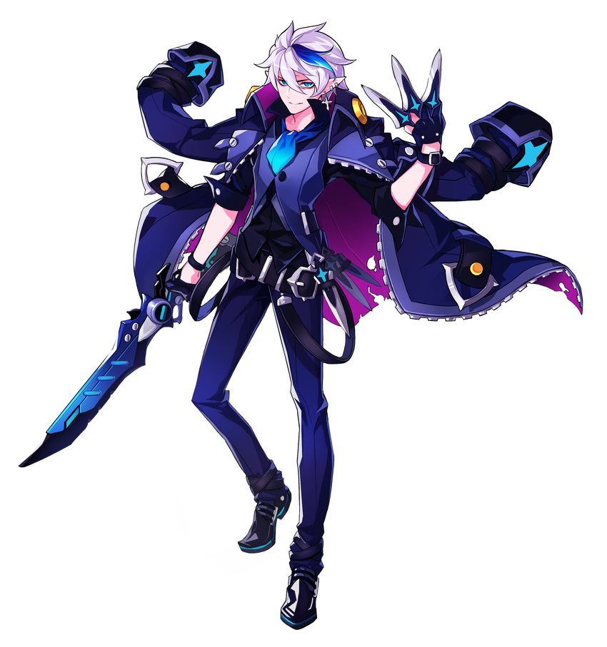 1boy absurdres ascot belt black_footwear black_gloves black_pants blue_eyes blue_hair ciel_(elsword) dreadlord_(elsword) earrings elsword fingerless_gloves full_body gloves highres hwansang jacket jacket_on_shoulders jewelry kunai male_focus multicolored_hair official_art pants pointy_ears shoes solo standing streaked_hair sword transparent_background two-tone_hair vest weapon white_hair