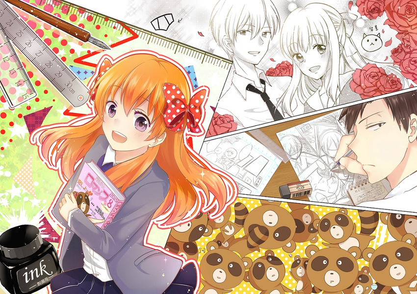 2boys 2girls black_hair book bottle bow brown_eyes commentary_request drawing eraser flower gekkan_shoujo_nozaki-kun hairbow ink_bottle lin_(amateur_lin) mamiko_(koi_shiyou!) multiple_boys multiple_girls nozaki_umetarou open_mouth orange_hair pen photoshop_(medium) polka_dot polka_dot_bow purple_eyes rose ruler sakura_chiyo smile sparkle suzuki_saburou_(koi_shiyou!) tanuki