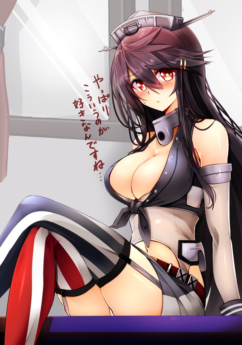 alternate_costume american_flag american_flag_legwear arm_support asymmetrical_legwear black_hair blush breasts brown_eyes cleavage clothing_cutout commentary_request cosplay crop_top crossed_legs detached_sleeves elbow_gloves female from_side front-tie_top garter_straps gloves hair_between_eyes halterneck haruna_(kancolle) highres iowa_(kancolle) iowa_(kancolle)_(cosplay) kantai_collection large_breasts long_hair looking_at_viewer miniskirt mismatched_legwear navel navel_cutout panties pencil_skirt sitting skirt solo striped_clothes striped_thighhighs thighhighs thighs translated tsukui_kachou underwear vertical-striped_clothes vertical-striped_thighhighs very_long_hair white_panties