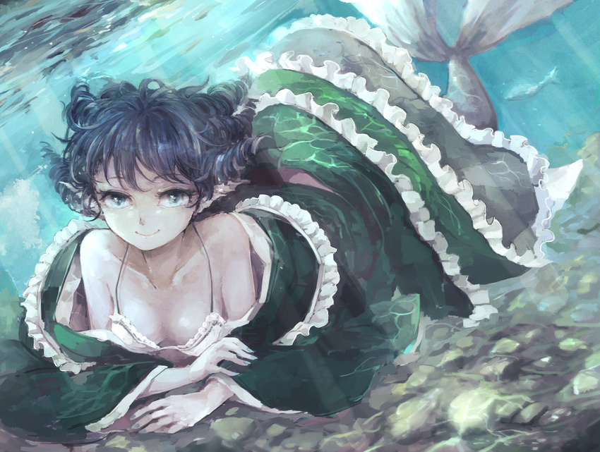 aqua_eyes bikini bikini_top_only blue_hair breasts cleavage collarbone commentary_request curly_hair dress female fins fish frills head_fins highres japanese_clothes kimono long_sleeves looking_at_viewer mermaid monster_girl nail_polish small_breasts smile solo swimsuit touhou underwater wakasagihime wataichi_meko