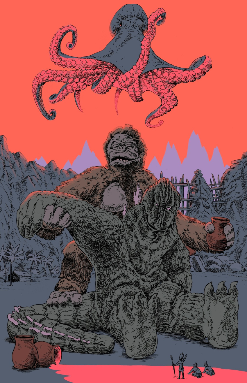 3boys ape berry_juice bill_couture crossover dinosaur drunk farou_island_native forest fur giant_monster giant_octopus_(godzilla) godzilla godzilla_(series) gorilla kaijuu king_kong king_kong_(series) monster multiple_boys nature octopus oodako tail tentacle toho_(film_company) trees