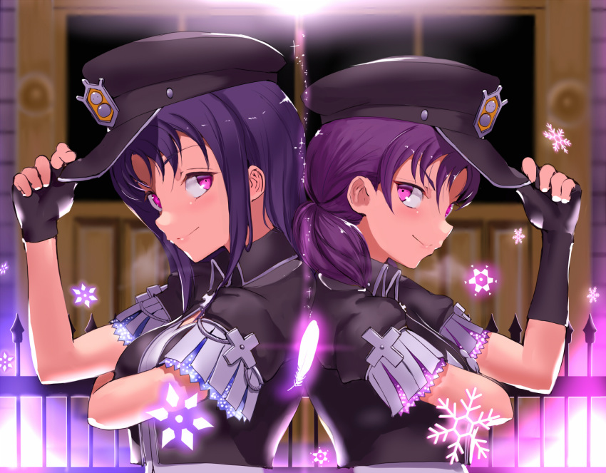 2girls alternate_hairstyle back-to-back believe_again breasts commentary_request feathers fingerless_gloves gloves hair_down hat jyon kazuno_leah kazuno_sarah long_hair love_live! love_live!_sunshine!! love_live!_sunshine!!_the_school_idol_movie_over_the_rainbow low_twintails medium_breasts multiple_girls pink_eyes purple_hair saint_snow short_sleeves siblings sidelocks sisters snowflakes spoilers twintails upper_body