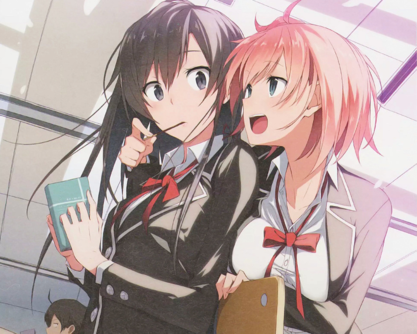 2girls black_hair blue_eyes cropped food kasuga_ayumu_(artist) long_hair pink_hair pocky scan yahari_ore_no_seishun_love_come_wa_machigatteiru. yuigahama_yui yukinoshita_yukino