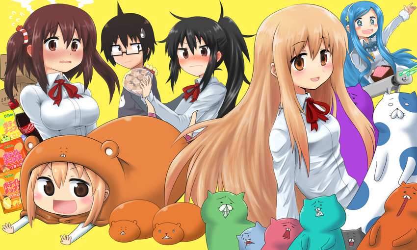 1boy 5girls :d animal bad_id bad_pixiv_id blush blush_stickers chibi chips_(food) cola commentary dakimakura_(object) doma_taihei doma_umaru dual_persona ebina_nana food furrowed_brow hamster hamster_costume highres himouto!_umaru-chan komaru_(himouto!_umaru-chan) laser m.m motoba_kirie multiple_girls nekoronbusu open_mouth pillow potato_chips school_uniform smile tachibana_sylphynford wavy_mouth