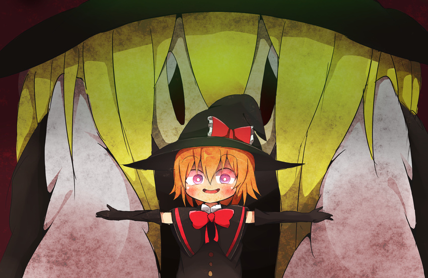 2girls akabeco black_gloves black_hat blonde_hair blush bow commentary_request cookie_(touhou) elbow_gloves gloves hairbow hat highres kirisame_marisa looking_at_viewer meguru_(cookie) multiple_girls open_mouth purple_eyes red_bow short_hair smile touhou witch_hat yuuhi_(cookie)