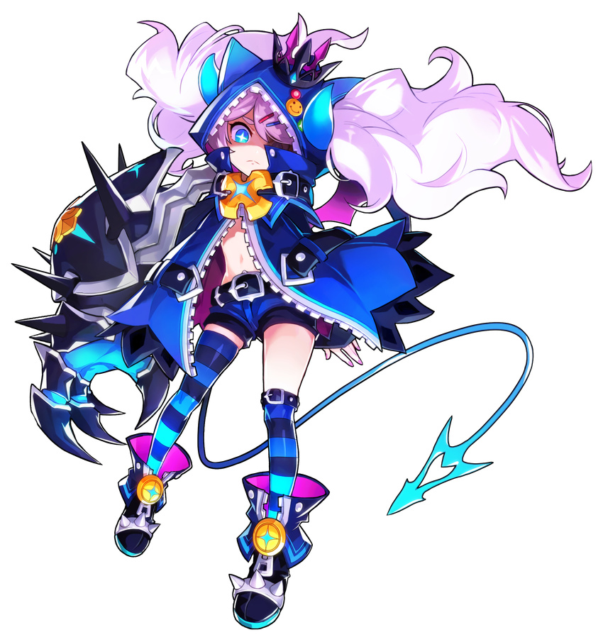 absurdres animal_hood asymmetrical_legwear belt blue_eyes blue_horns blue_shorts blue_thighhighs chiliarch_(elsword) claws coat crown elsword female full_body highres hood hoodie horns hwansang kneehighs long_hair luciela_r._sourcream mismatched_legwear official_art shoes shorts single_kneehigh single_sock single_thighhigh socks solo striped_clothes striped_thighhighs symbol-shaped_pupils tail thighhighs transparent_background twintails uneven_legwear white_hair