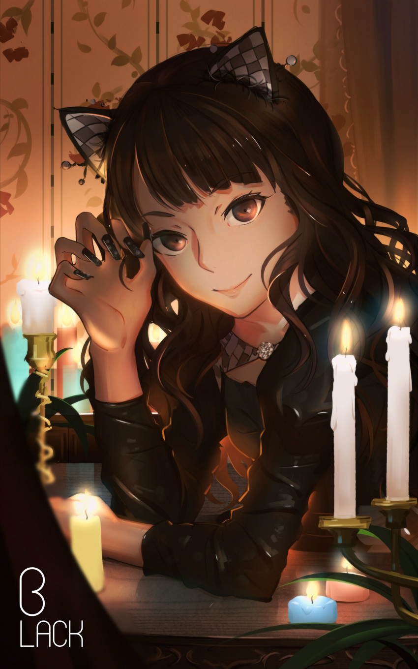 absurdres animal_ears black_nails brown_eyes brown_hair candle candlestand cat_ears checkered closed_mouth commentary_request dress english_text fake_nails female fingernails head_tilt highres long_fingernails long_hair long_sleeves looking_at_viewer lu" mimori_suzuko nail_polish plant real_life smile solo wallpaper_(object) wavy_hair