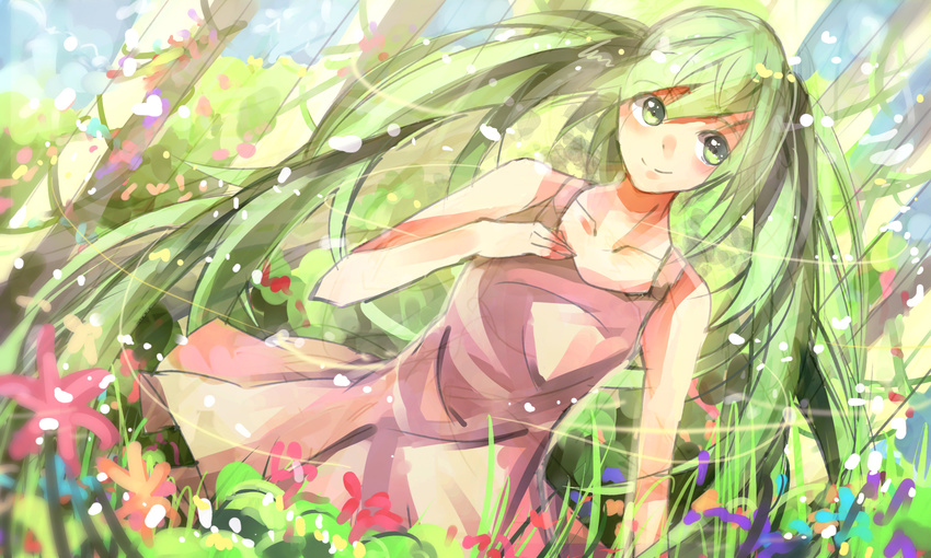 alternate_costume alternate_hair_color commentary_request dress female flower green_eyes green_hair hatsune_miku highres long_hair photoshop_(medium) solo sunyuqian twintails vocaloid