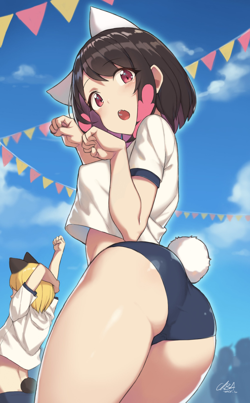 2girls absurdres animal_ears arms_up ass bad_id bad_twitter_id black_hair blonde_hair blue_sky breasts buruma cloba commentary_request cowboy_shot crop_top day from_below gym_uniform highres inactive_account medium_breasts multicolored_hair multiple_girls oerba_yun_fang open_mouth original outdoors paw_pose pink_eyes pink_hair player_2_(cloba) short_hair sky small_breasts stretching tail two-tone_hair