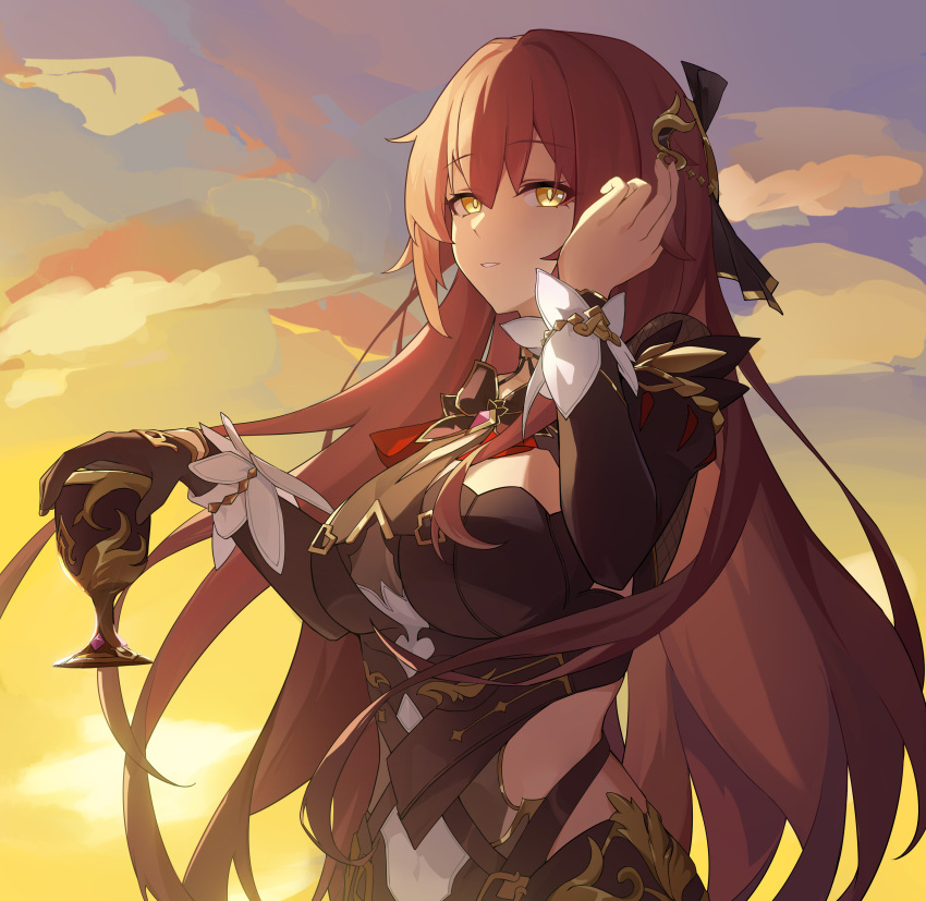 absurdres black_dress breasts brown_hair chinese_commentary clothing_cutout cloud commentary_request cup dress eden_(honkai_impact) female gradient_sky highres holding holding_cup honkai_(series) honkai_impact_3rd huangyou_ban_rousong large_breasts long_hair looking_at_viewer parted_lips side_cutout sky solo upper_body yellow_eyes