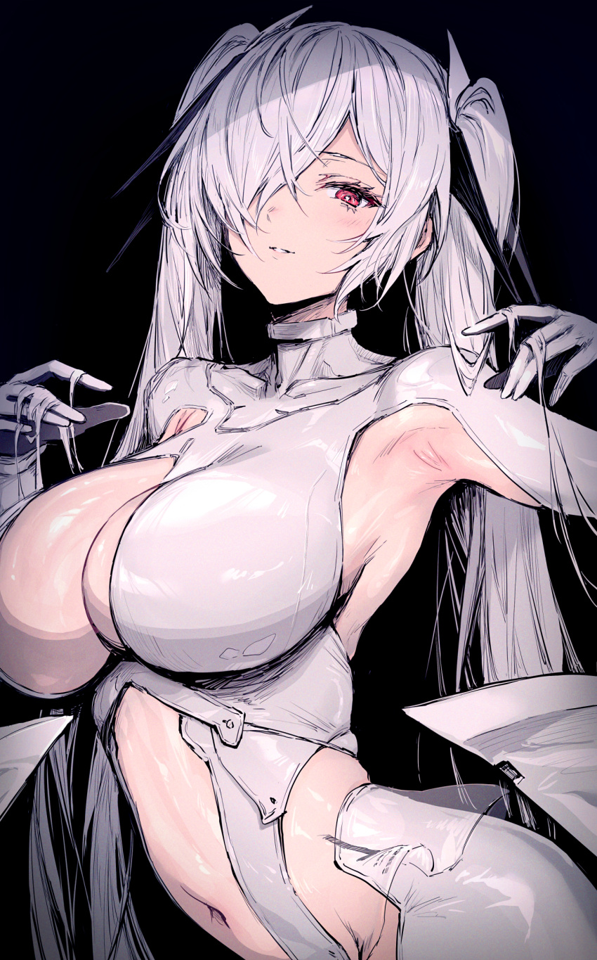 armpits black_background blush breasts cinderella_(nikke) female goddess_of_victory:_nikke hair_over_one_eye hands_up haoni highres large_breasts long_hair looking_at_viewer navel one_eye_covered paid_reward_available parted_lips red_eyes simple_background smile solo twintails upper_body very_long_hair white_hair