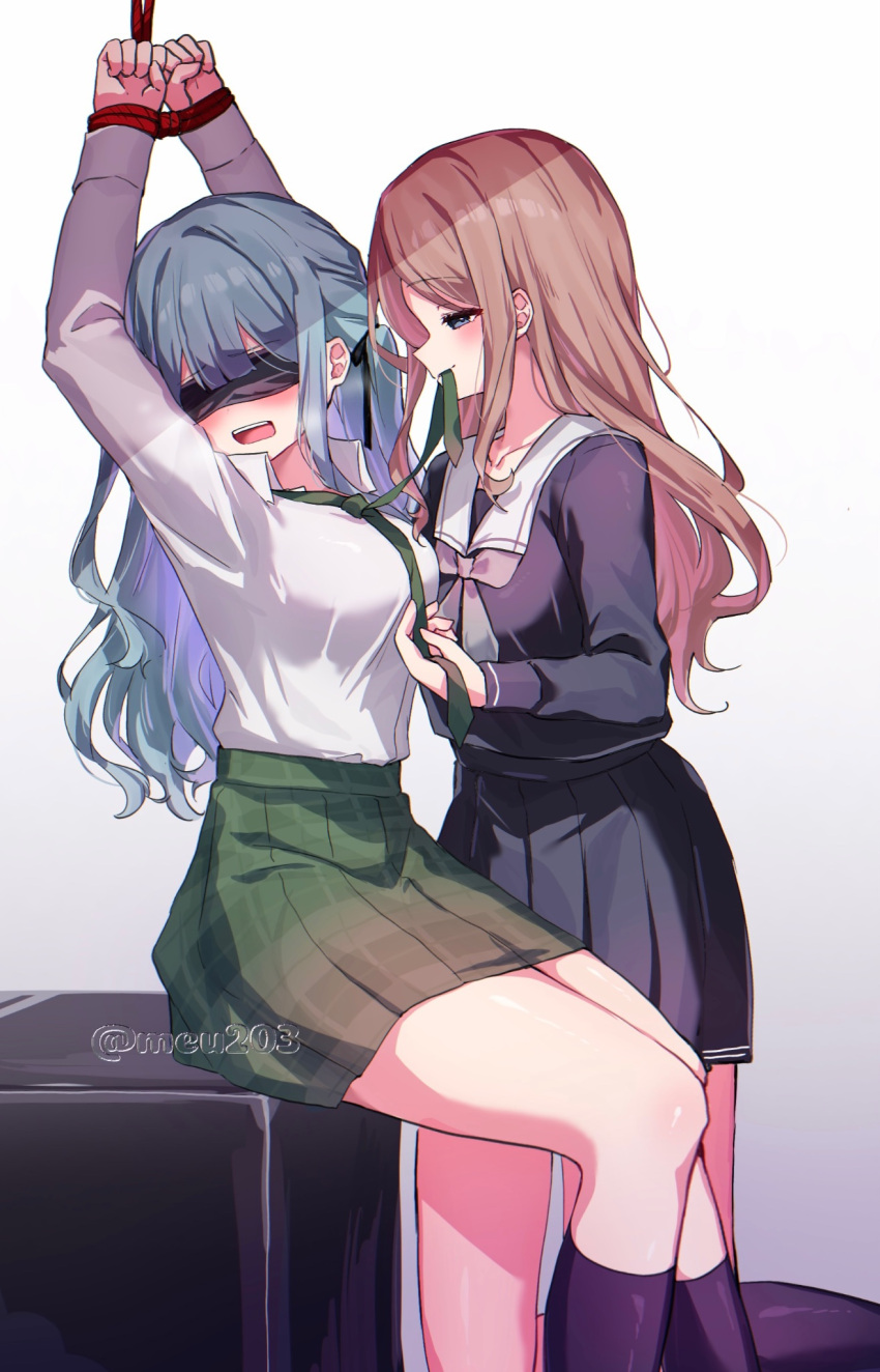 2girls bang_dream! bang_dream!_it's_mygo!!!!! black_ribbon black_socks blindfold blue_eyes blue_hair blue_shirt blue_skirt bound bound_wrists braid breasts brown_hair commentary green_skirt grey_neckerchief hair_ribbon haneoka_school_uniform highres kneehighs long_hair long_sleeves medium_breasts meu203 mouth_hold multiple_girls nagasaki_soyo neckerchief necktie necktie_in_mouth open_mouth plaid_clothes plaid_skirt pleated_skirt ribbon school_uniform shade shirt shirt_tucked_in sidelocks skirt socks teeth togawa_sakiko tsukinomori_school_uniform twitter_username upper_teeth_only white_shirt yuri