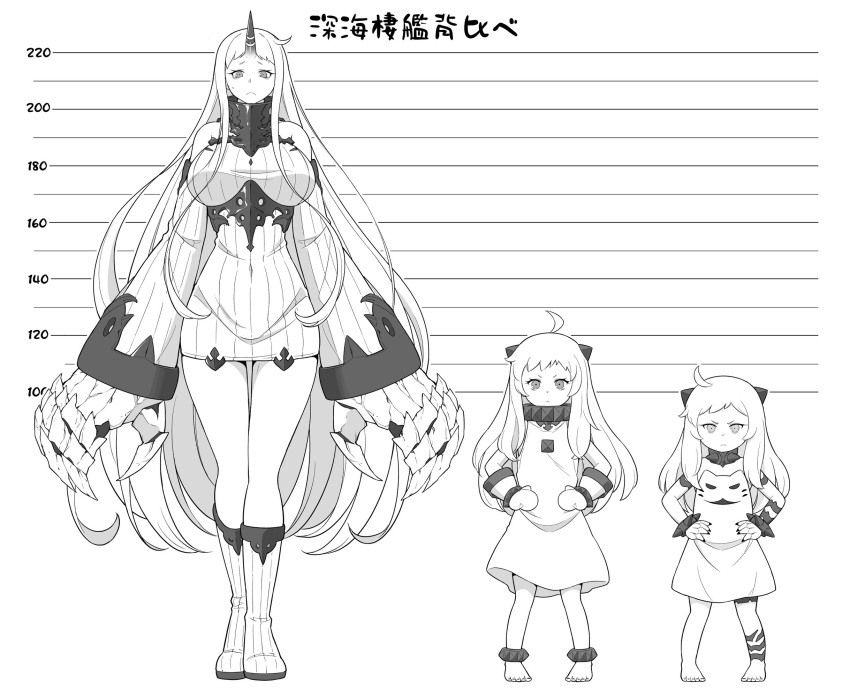 3girls abyssal_ship bare_shoulders barefoot boots breasts commentary_request detached_sleeves dress greyscale hands_on_own_hips height_chart highres horns kantai_collection large_breasts long_hair long_sleeves mittens monochrome multiple_girls northern_little_sister northern_ocean_princess seaport_princess simple_background single_horn sleeveless sleeveless_dress standing tenshin_amaguri_(inobeeto) translation_request very_long_hair white_background wide_sleeves