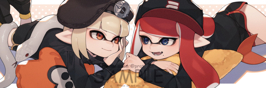 2girls baseball_cap beret black_footwear black_hat black_jacket black_shorts blonde_hair blue_eyes blunt_bangs brown_hat closed_mouth commission dolphin_shorts english_commentary fangs film_grain food hand_on_own_cheek hand_on_own_face hat head_rest highres inkling inkling_girl inkling_player_character jacket legs_up long_hair long_sleeves looking_at_another lying mole mole_under_mouth multiple_girls on_stomach open_mouth orange_eyes pointy_ears polka_dot polka_dot_background prat_rat red_hair sample_watermark short_hair shorts shrimp shrimp_tempura smile snake splatoon_(series) stuffed_food stuffed_squid tempura tentacle_hair watermark white_snake