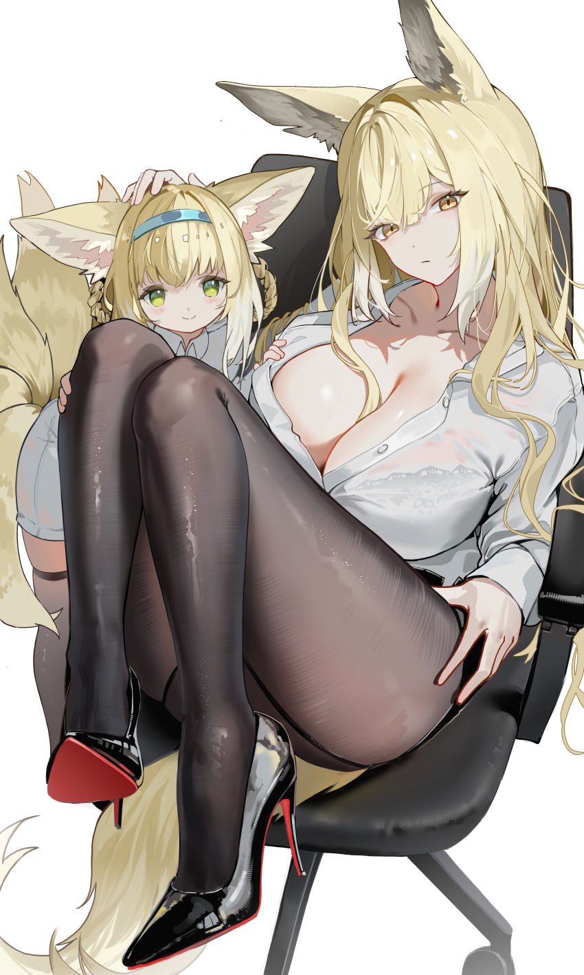 2girls absurdres animal_ears arknights back-seamed_legwear black_footwear black_pantyhose blonde_hair blue_hairband bra braid braided_hair_rings breasts chair cleavage closed_mouth commentary_request fox_ears fox_tail green_eyes hair_rings hairband hand_on_another's_head high_heels highres huade_xiami kitsune knees_up kyuubi lace lace_bra large_breasts looking_at_viewer mother_and_daughter multiple_girls multiple_tails office_chair orange_eyes pantyhose seamed_legwear see-through_clothes see-through_shirt shirt sitting suzuran_(arknights) swivel_chair tail underwear vulpisfoglia_(arknights) white_shirt