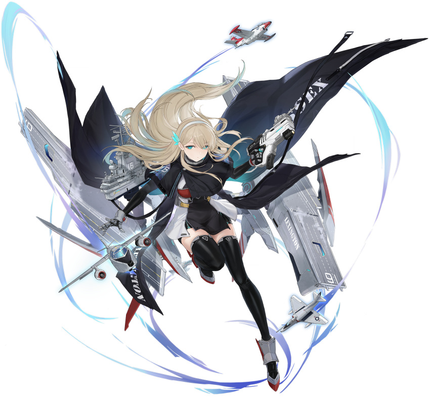 a-3_skywarrior adapted_turret aircraft airplane belt black_thighhighs blonde_hair blue_feathers collar eyes_visible_through_hair feather_hair_ornament feathers female gun hair_ornament hairband handgun highres holding lexington_(cv-16)_(retrofit)_(normal)_(warship_girls_r) lexington_(cv-16)_(warship_girls_r) long_hair metal_collar non-web_source simple_background skindentation solo t-2c_buckeye ta-4j_skyhawk thighhighs turret two-tone_dress very_long_hair warship_girls_r weapon white_background white_hairband