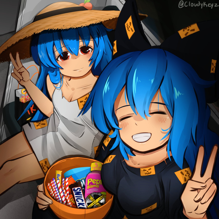 2girls bag black_bow black_dress blue_hair blush bow breasts bucket butterfinger_(candy) candy closed_eyes closed_mouth cloudykeyz collarbone dress english_commentary food hairbow halloween halloween_costume hat highres hinanawi_tenshi holding holding_bucket long_hair looking_at_viewer medium_breasts multiple_girls peach_hat_ornament pepto_bismol radiation_symbol red_eyes sitting sleeveless sleeveless_dress smile snickers_(brand) sun_hat teeth touhou twitter_username v watermark white_dress yorigami_shion