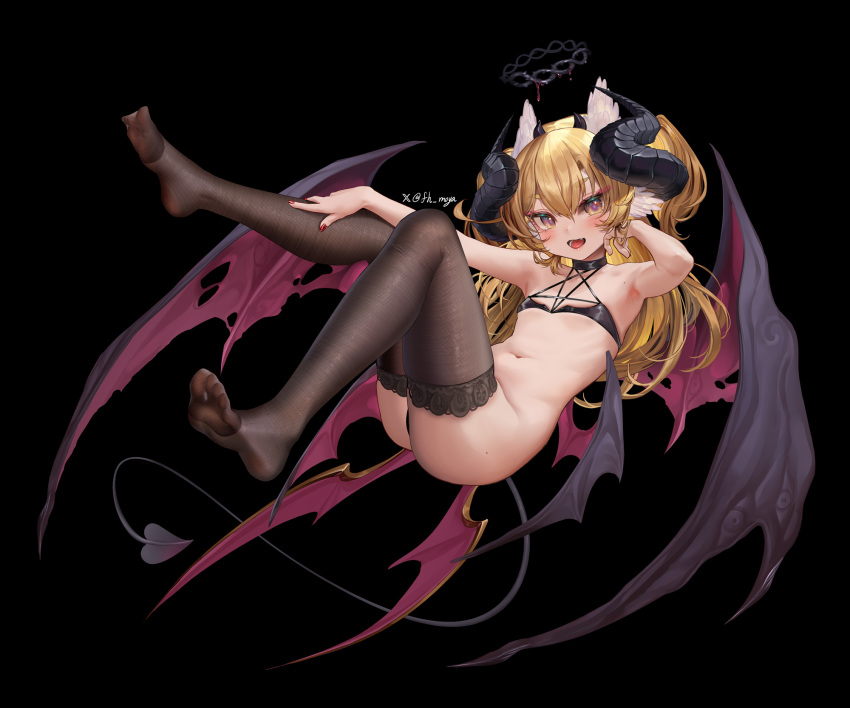 bikini black_background black_bikini black_choker black_thighhighs blush bridal_gauntlets choker commentary criss-cross_halter curled_horns demon_girl demon_tail demon_wings female fh_moya fine_fabric_emphasis fishnet_bridal_gauntlets full_body gradient_eyes halo halterneck hand_on_own_leg head_wings highres horns lace-trimmed_bridal_gauntlets lace-trimmed_thighhighs lace_trim looking_at_viewer mole multicolored_eyes multiple_wings nail_polish navel oerba_yun_fang open_mouth original red_nails simple_background solo swimsuit tail thighhighs twitter_username twitter_x_logo white_wings wings