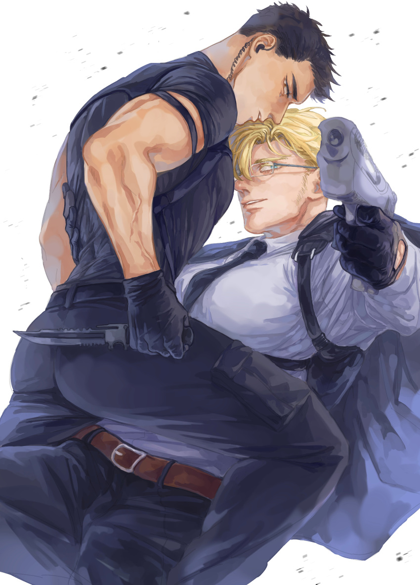 2boys aiming aiming_at_viewer ao_isami ass bara belt black_hair blonde_hair blue_eyes chest_harness collared_shirt combat_knife commentary_request facial_hair glasses gloves gun hand_on_another's_waist harness highres holding holding_gun holding_knife holding_weapon jo_(joonogbana) knife lewis_smith looking_at_viewer male_focus multiple_boys muscular muscular_male necktie official_alternate_costume shirt short_hair sideburns_stubble stubble tight_clothes tight_shirt veins veiny_arms weapon yaoi yuuki_bakuhatsu_bang_bravern