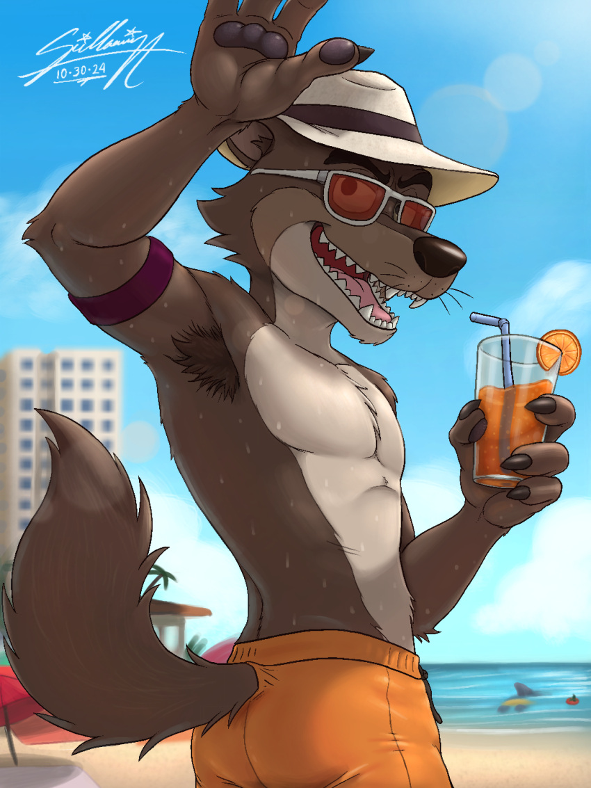 2024 3:4 4_fingers anthro armband armpit_hair ass beach blue_sky blurred_background bodily_fluids body_fur body_hair bottomwear brown_body brown_fur butt_view canid canine canis claws clothing cold_drink container cooling_off cup distant_building dreamworks drinking_glass eyewear fangs fingers fur gesture glass glass_container glass_cup half-length_portrait hat headgear headwear hi_res hotel juicy_drink light looking_at_viewer male mammal mr._piranha_(the_bad_guys) mr._shark_(the_bad_guys) mr._wolf_(the_bad_guys) orange_clothing orange_swimming_trunks orange_swimwear outside pecs portrait pose raised_arm resort sagadreams sand sea seaside shirtless signature sky smile solo_focus straw_hat sun_glare sunglasses sunlight sweat swimming_trunks swimwear tail teeth the_bad_guys turned_back warm warm_colors water waving white_clothing white_eyewear white_hat white_headwear white_sunglasses wolf