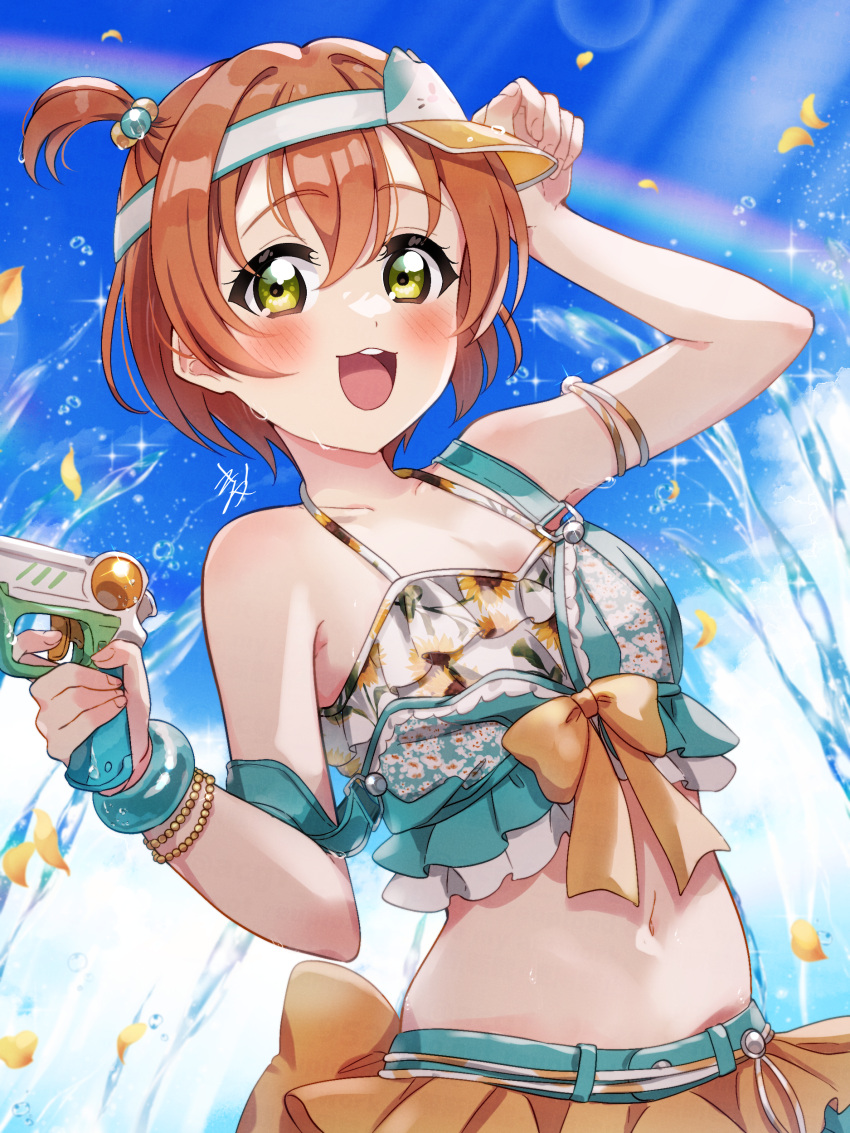 absurdres bikini birthday blue_sky blush bracelet breasts collarbone commentary female highres holding holding_water_gun hoshizora_rin jewelry kyaku_tasu looking_at_viewer love_live! love_live!_school_idol_project orange_hair short_hair signature sky small_breasts solo swimsuit upper_body water_gun yellow_eyes