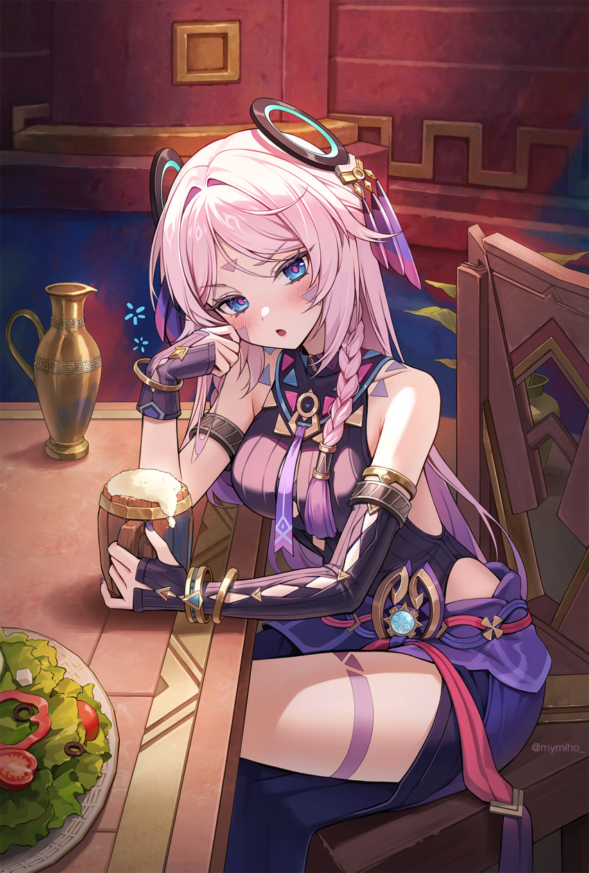 armlet bare_shoulders beer_mug blue_eyes blush breasts chair citlali_(genshin_impact) cup facial_mark female forehead_mark genshin_impact hand_up highres indoors jewelry long_hair looking_at_viewer medium_breasts miho_(mymiho) mug open_mouth pink_hair ring_hair_ornament salad sitting skirt sleeveless solo thighs very_long_hair