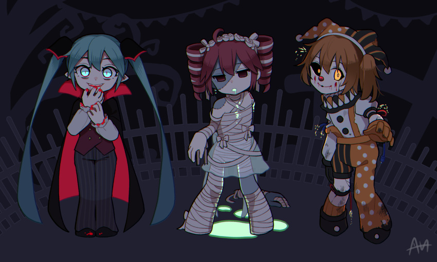 3girls a.i._voice adachi_rei aqua_eyes aqua_hair bandages black_cape black_footwear black_gloves black_hat black_pants blood blood_from_mouth blood_on_face bow buttons cape closed_mouth clown_nose colored_skin detached_arm empty_eyes fence gloves glowing glowing_eyes glowing_liquid graveyard grey_skin halloween halloween_costume hat hatsune_miku heterochromia highres jester_cap kasane_teto liquid_from_mouth looking_at_viewer makeup multicolored_hair multiple_girls one_side_up open_mouth orange_eyes orange_gloves orange_hair orange_hat orange_pants orange_socks outdoors outstretched_arms pants pointy_ears polka_dot_pants puffy_short_sleeves puffy_sleeves red_eyes red_hair red_vest sato_(r017xts117) shirt short_sleeves signature socks stain stitched_face stitched_torso stitches streaked_hair striped_clothes striped_pants suspenders twintails utau vertical-striped_clothes vertical-striped_pants vest vocaloid white_bow white_hair white_headdress white_shirt wire zombie zombie_pose