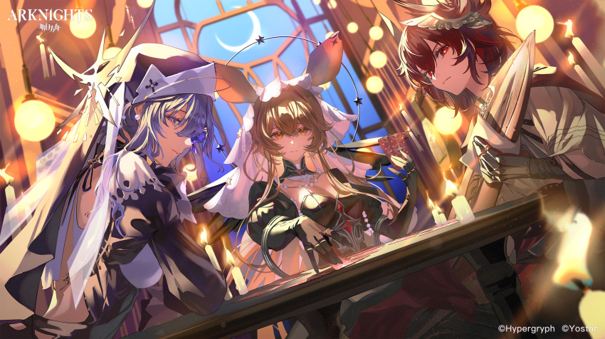 3girls animal_ears arknights bird_girl black_dress black_gloves black_veil blonde_hair blue_hair breasts card cleavage closed_mouth crescent_moon dorothy_(arknights) dorothy_(hand_of_destiny)_(arknights) dress feather_hair fiammetta_(arknights) fiammetta_(divine_oath)_(arknights) gloves hair_ornament highres holding holding_card holding_weapon indoors koujisako large_breasts long_hair looking_at_viewer moon mouse_ears mouse_girl multiple_girls night night_sky official_alternate_costume official_art official_wallpaper red_eyes red_hair second-party_source sitting sky table veil weapon whisperain_(arknights) whisperain_(priory_of_abyss)_(arknights) white_veil yellow_eyes