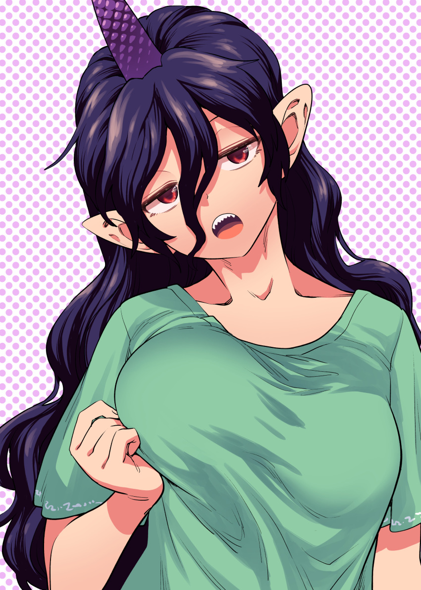 absurdres black_hair breast_lift breasts commentary_request female fuuzasa green_shirt hair_between_eyes head_tilt highres large_breasts long_bangs long_hair looking_at_viewer open_mouth pointy_ears polka_dot polka_dot_background red_eyes shirt solo t-shirt tenkajin_chiyari touhou upper_body wavy_hair