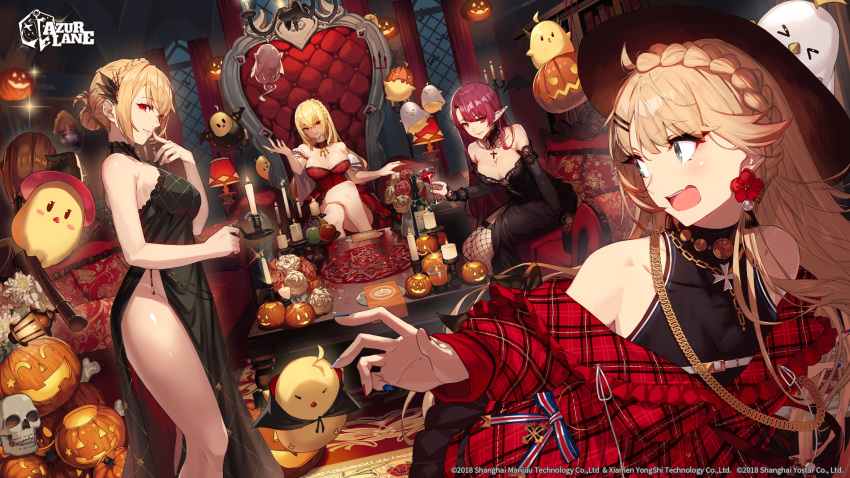 >_< 4girls absurdres azur_lane bare_shoulders black_dress blonde_hair blue_eyes braid breasts cleavage cross cross_necklace crossed_legs dress duke_of_york_(azur_lane) duke_of_york_(eternal_night's_carola)_(azur_lane) eyeliner fishnet_thighhighs fishnets ghost hair_ornament hairclip halloween highres howe_(azur_lane) howe_(noble_rouge)_(azur_lane) indoors jewelry king_george_v_(azur_lane) king_george_v_(rose's_regalia)_(azur_lane) large_breasts logo makeup manjuu_(azur_lane) multiple_girls nakanishi_tatsuya necklace official_alternate_costume official_art open_mouth pointy_ears prince_of_wales_(a_knight's_song_a_lady's_night)_(azur_lane) prince_of_wales_(azur_lane) pumpkin red_eyeliner red_eyes red_hair side_slit sitting skull swept_bangs table thighhighs