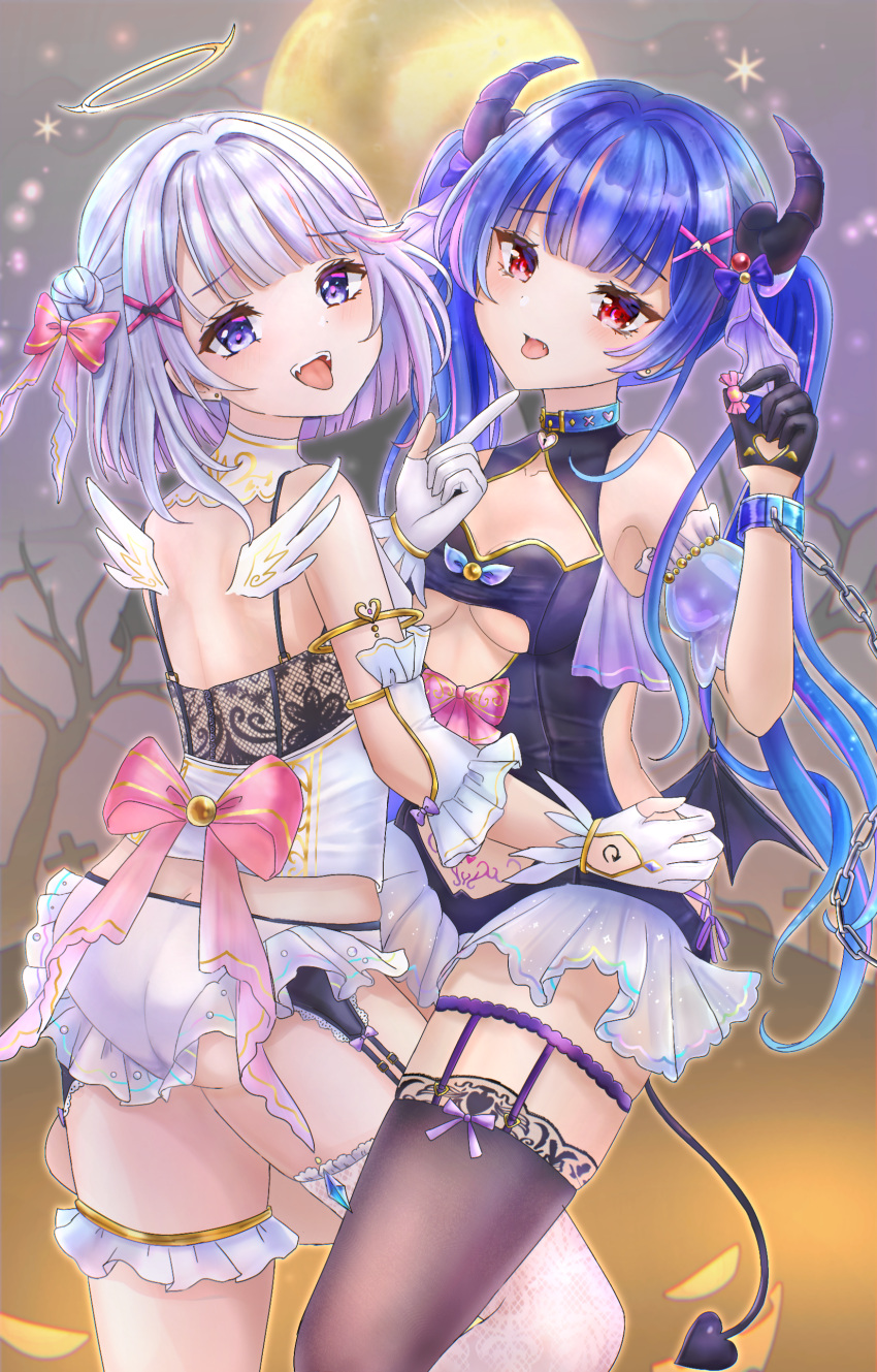 2girls :d absurdres bare_shoulders black_gloves black_leotard blue_hair bow breasts brown_thighhighs butt_crack candy_wrapper chains clothing_cutout commentary_request demon_girl demon_horns demon_tail double_bun food frilled_leotard frills full_moon gloves gradient_hair grey_hair hair_bun hair_ornament hairbow halloween halo hand_up highres holding holding_food horns lace lace_thighhighs leotard long_hair mini_wings moon multicolored_hair multiple_girls noa_(shironeko_project) pink_bow pink_hair pubic_tattoo purple_eyes shironeko_project short_shorts shorts single_thighhigh small_breasts smile sunameri_(pixiv3564245) tail tattoo thighhighs tina_topia tongue tongue_out twintails underboob underboob_cutout very_long_hair white_shorts white_thighhighs white_wings wings x_hair_ornament