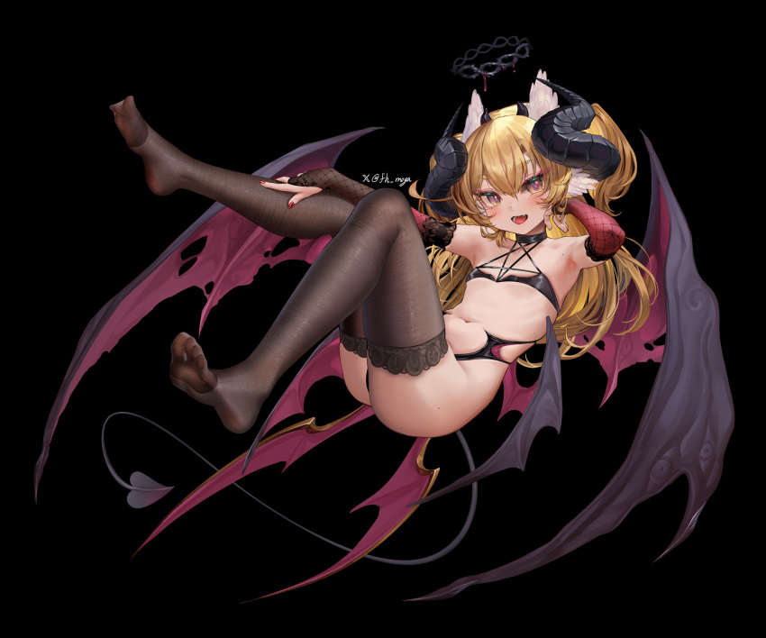 bikini black_background black_bikini black_choker black_thighhighs blush bridal_gauntlets choker commentary criss-cross_halter curled_horns demon_girl demon_tail demon_wings female fh_moya fine_fabric_emphasis fishnet_bridal_gauntlets full_body gradient_eyes halo halterneck hand_on_own_leg head_wings highres horns lace-trimmed_bridal_gauntlets lace-trimmed_thighhighs lace_trim looking_at_viewer mole multicolored_eyes multiple_wings nail_polish navel oerba_yun_fang open_mouth original red_nails simple_background skindentation solo swimsuit tail thighhighs twitter_username twitter_x_logo white_wings wings