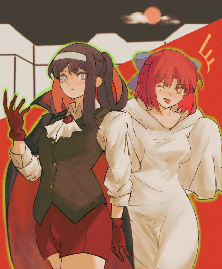 2girls :p absurdres arm_up ascot black_cape black_hair blue_bow blue_eyes bow breasts bright_pupils cape closed_mouth commentary english_commentary ezekquel gloves hairbow halloween halloween_costume highres kohaku_(tsukihime) looking_at_viewer multiple_girls oerba_yun_fang one_eye_closed raised_eyebrow red_cape red_gloves red_hair red_shorts shorts standing tohno_akiha tongue tongue_out tsukihime tsukihime_(remake) two-sided_cape two-sided_fabric two-tone_cape white_ascot white_pupils yellow_eyes