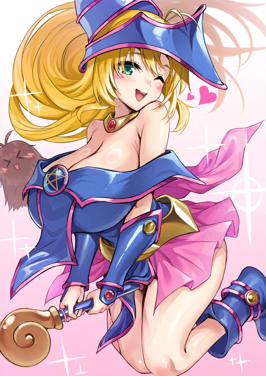 absurdres antenna_hair bare_shoulders blonde_hair blue_footwear blue_hat blush blush_stickers boots breasts cleavage cosplay dark_magician_girl dark_magician_girl_(cosplay) female green_eyes hat highres holding holding_wand large_breasts long_hair looking_at_viewer one_eye_closed open_mouth pentacle phrygian_helmet showgirl_skirt sparkle tenneko_yuuri tsurumaki_maki voiceroid wand wizard_hat