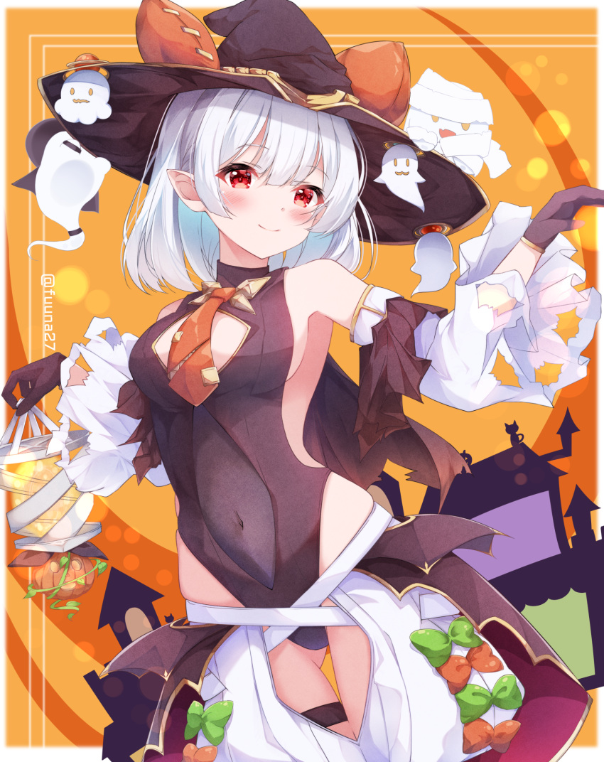 bare_shoulders black_gloves black_hat black_leotard blush bow breasts closed_mouth commentary_request covered_navel crotch_cutout detached_sleeves female fuuna gloves green_bow grey_hair hair_between_eyes halloween hand_up hat highres holding leotard long_sleeves looking_at_viewer medium_breasts necktie orange_background orange_bow orange_necktie original pointy_ears puffy_shorts red_eyes short_shorts shorts smile solo white_shorts white_sleeves wide_sleeves