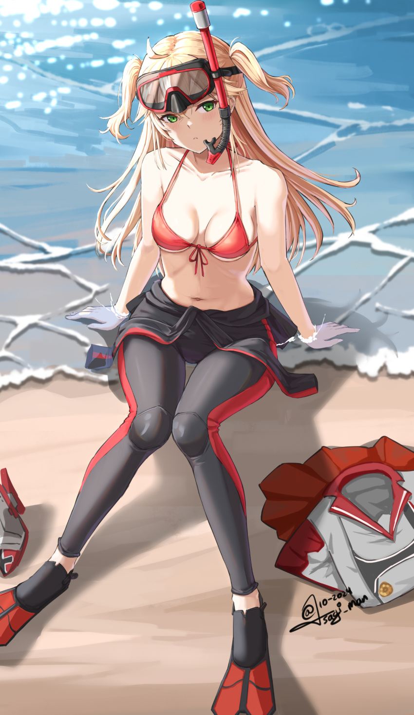 absurdres admiral_hipper_(azur_lane) as4gi azur_lane beach bikini bikini_top_only blonde_hair blush breasts brown_curtains clothes commentary commission cross diving_mask diving_mask_on_head diving_suit english_commentary female flippers goggles goggles_on_head green_eyes highres iron_blood_(emblem) iron_cross long_hair looking_at_viewer mask medium_breasts navel ocean open_suit outdoors pixiv_commission red_bikini scuba sitting snorkel solo swimsuit twintails