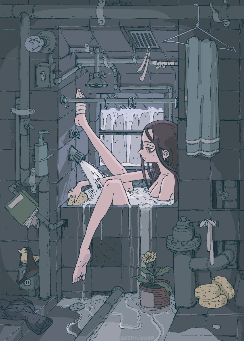 artist_name bandaged_foot bandages bath bathing bathroom bathtub black_panties book breasts brown_eyes brown_hair cable closed_mouth clothes_hanger commentary dandelion drain_(object) electric_plug english_commentary feet female flower grate grey_theme highres holding holding_sponge ice icicle indoors industrial_pipe leg_up light_bulb light_switch long_hair nude original overflowing overflowing_bath panties pants partially_submerged plant potted_plant rubber_duck shower_head snow soap_bottle soaphisoap soles solo sponge tiles towel underwear unworn_panties unworn_pants valve vent_(object) water window