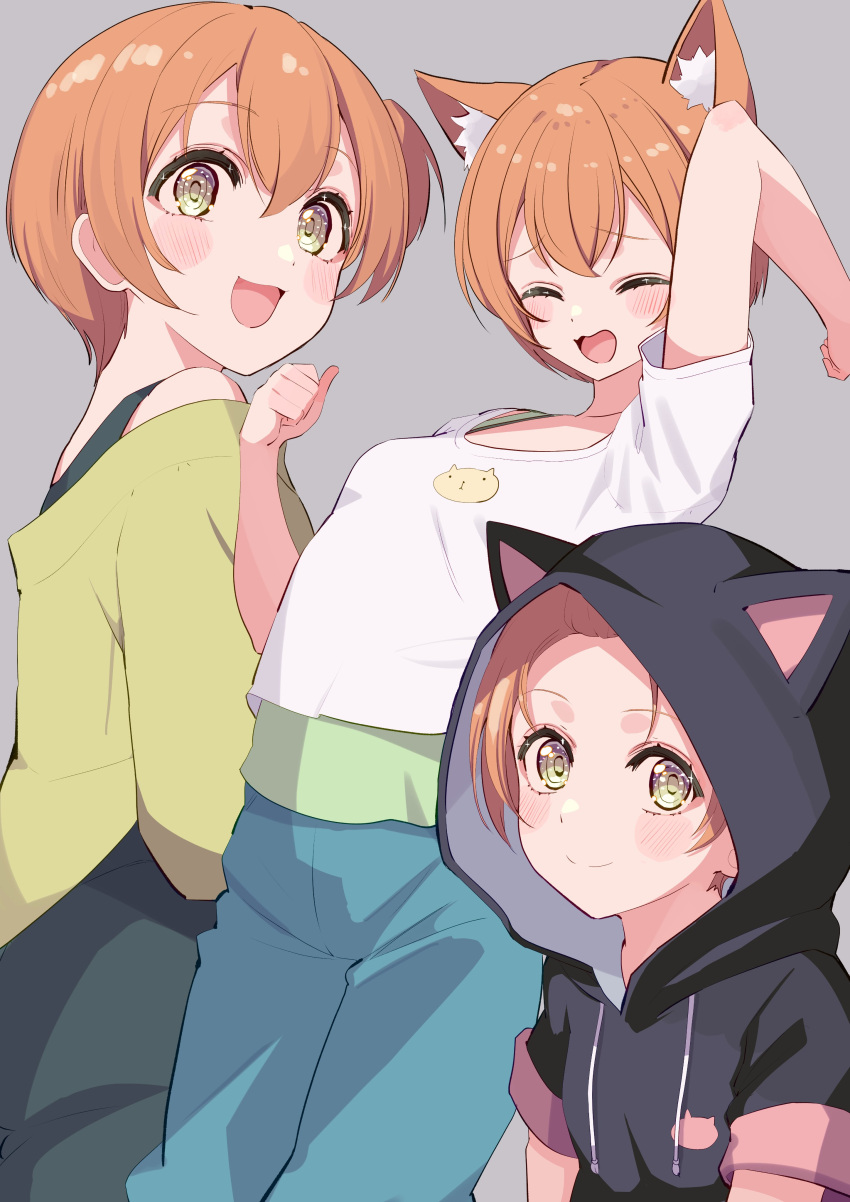 absurdres animal_ears animal_hood birthday blush breasts cat_ears cat_hood commentary cream_(nipakupa) female grey_background highres hood hoshizora_rin looking_at_viewer love_live! love_live!_school_idol_project multiple_views orange_hair short_hair small_breasts upper_body yellow_eyes